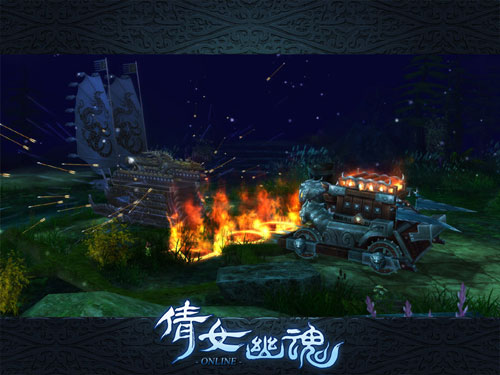 《倩女幽魂》帮会联赛中轩辕武刚车(左)与先锋霹雳车(右)对战斗,场面壮观无比