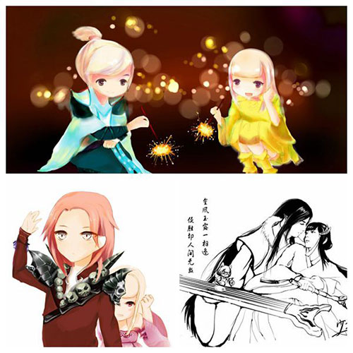 《倩女幽魂2》玩家手绘CP图，女医成百搭配对