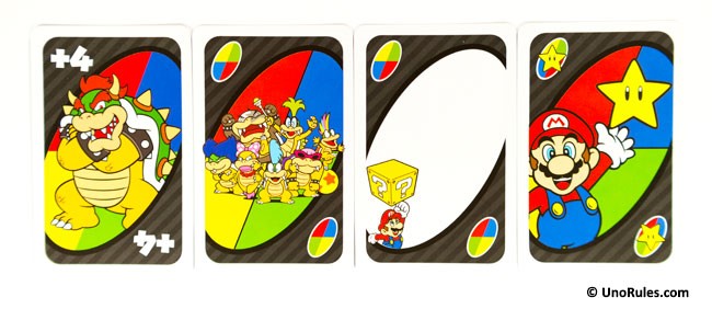 图10：UNO Super Mario中的万能牌组：除了普通UNO已有的+4、调色和自定义规则牌，UNO Super Mario还有独特的Super Star Card功能牌，用以反弹+2和+4功能