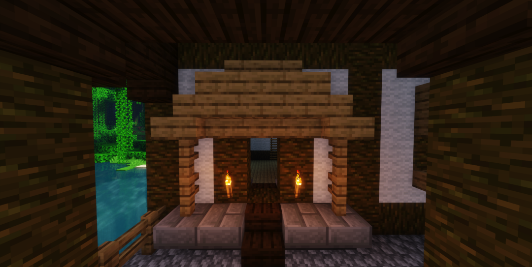 篝火就可以做出烟囱出烟的效果啦进入房屋内部用橡木板搭建阁楼并修建