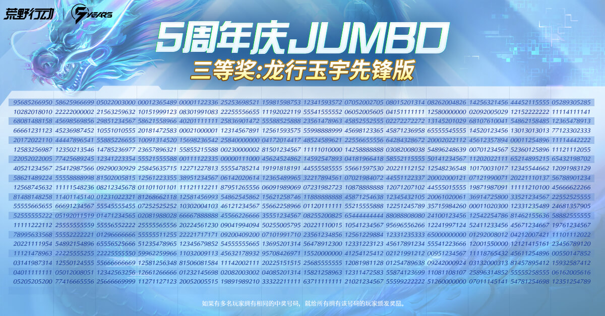 5周年福利JUMBO活动开奖，揭晓时刻！ _ 网易《荒野行动》官方 